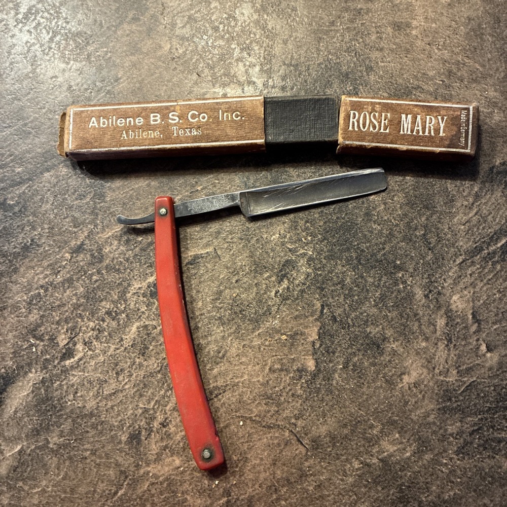 vtg rose mary straight razor abilene texas m.i. germany with box red handle